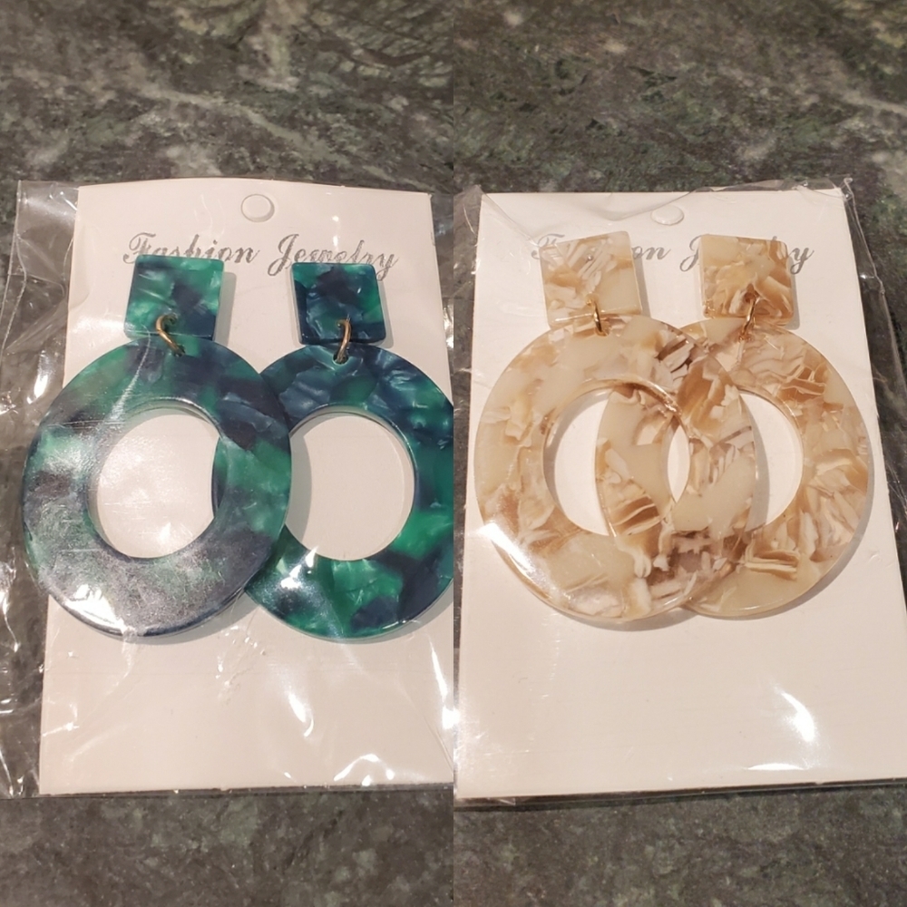 Square Hoops Drop Dangle Earrings Speckled Green Cream Boho Chic Preppy Work NEW